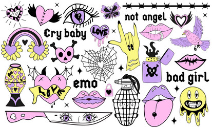 y2k 2000s cute emo goth aesthetic stickers tattoo vector