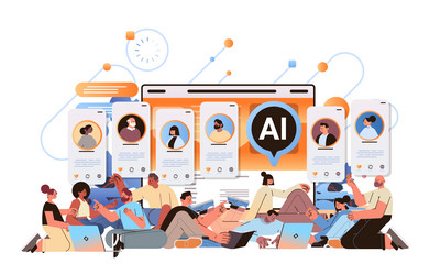 mix race people chatting on social media with ai vector