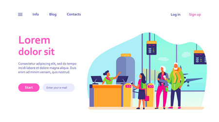 Group passengers standing in queue to counter vector