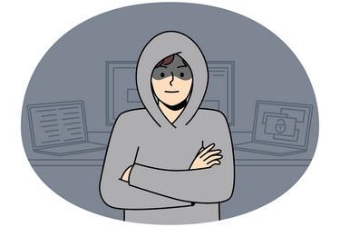 Male hacker stand near computers vector