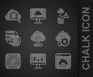 set cloud computing lock monitor with graph chart vector image
