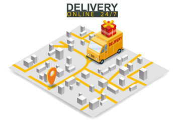 isometric delivery truck concept map city vector