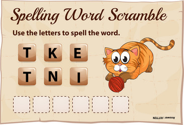 Spelling word scramble game with kitten vector