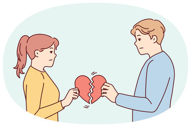 Unhappy couple holding broken heart vector