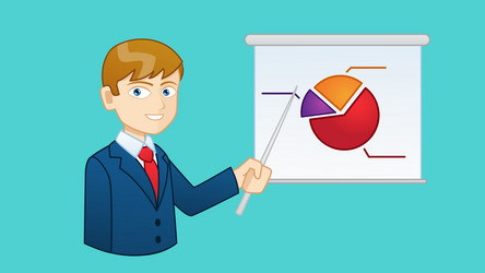 man in suit presenting data on flipchart with pie vector image