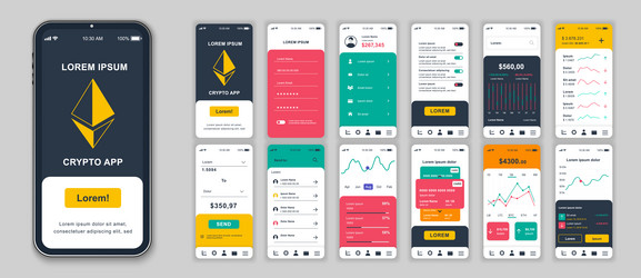 crypto mobile app screens set for web templates vector image