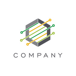 hexagon tech with branches dots lines logo design vector image