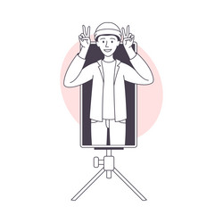 Man blogger character with smartphone on tripod vector