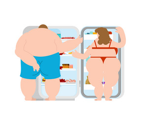 open fridge and fat married couple lot food vector