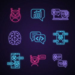 Chatbots neon light icons set vector