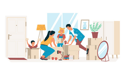 People packing boxes family moving to new house vector