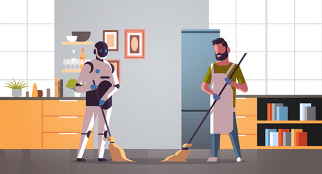 robotic janitor with man cleaner sweeping vector