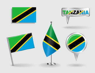 Set of tanzanian pin icon and map pointer flags vector