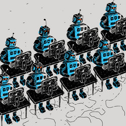 group of robots and personal computer vector image