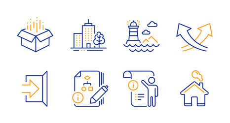 Manual doc lighthouse and open box icons set vector