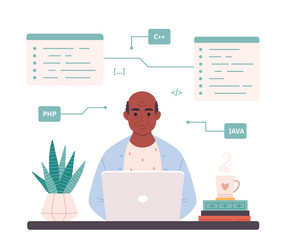 old black man working on computer at home online vector