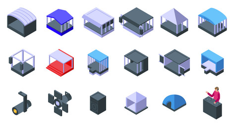 Outdoor music festival stage icons set isometric vector