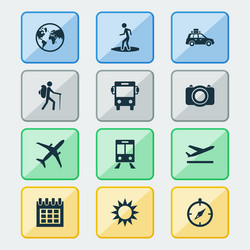 Journey icons set with departure earth bus vector