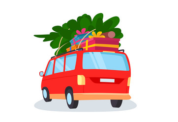 Car with gifts and christmas tree a cute red van vector