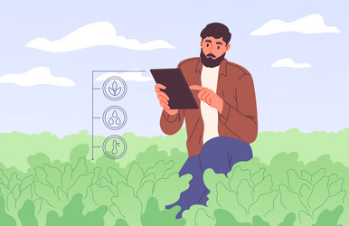 Ffarmer with tablet in field using specialized app vector