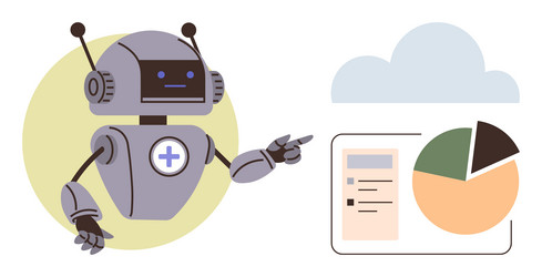 robot pointing at data chart and cloud interface vector image