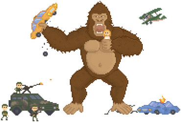 Giant monkey in pixel game layout design king vector