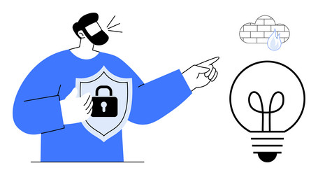 man with shield emphasizing security while vector image
