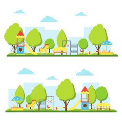 Cartoon playground in city landscape set vector