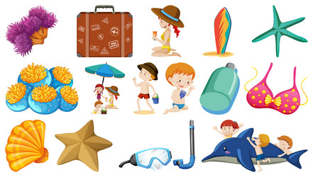 set of summer beach objects and cartoon characters vector image