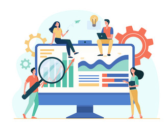Tiny analysts working with data on dashboard Vector Image