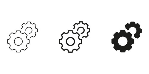 three interlocking gears line and solid icon set vector image