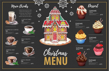 christmas menu design with sweet gingerbread house vector