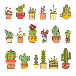 Linear design cacti and flowers in pots elements vector