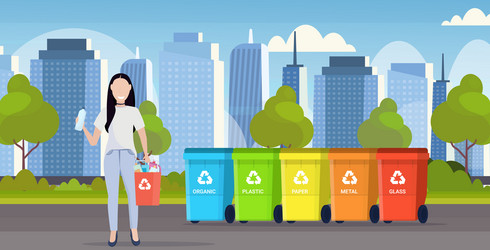 Woman holding bucket with plastic rubbish near vector