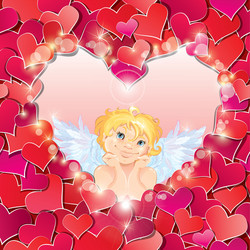 Cute angel in the heart shape frame vector