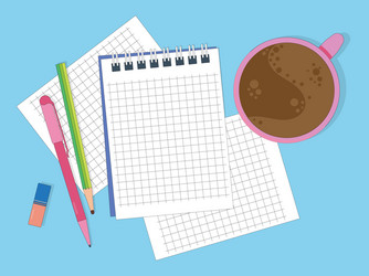 Notebook with pencil pen and eraser on table vector