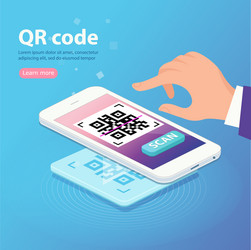 Human hand holding phone with qr code flat cartoon vector