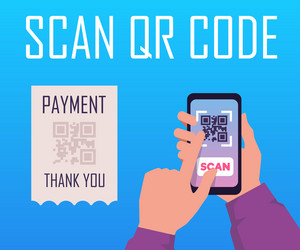 qr code scanning hand holds phone vector