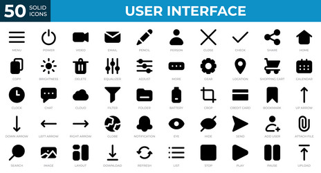 Set of 50 user interface icons in solid style vector