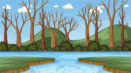 background scene with many dry trees and river vector image