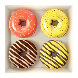 Glazed colored donuts set in box 3d vector