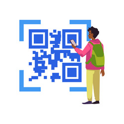 young man standing near blue huge qr code symbol vector