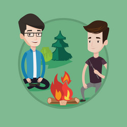 two friends sitting around bonfire in camping vector