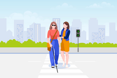 woman helps blind cross road taking care vector