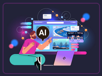 Man gamer play video game with ai chatbot helper vector