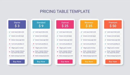 Price table template with 5 columns chart data vector