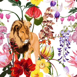 Exotic Tropical Flowers with Lion Vector Image
