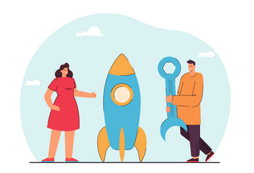 man and woman constructing rocket with tool vector image
