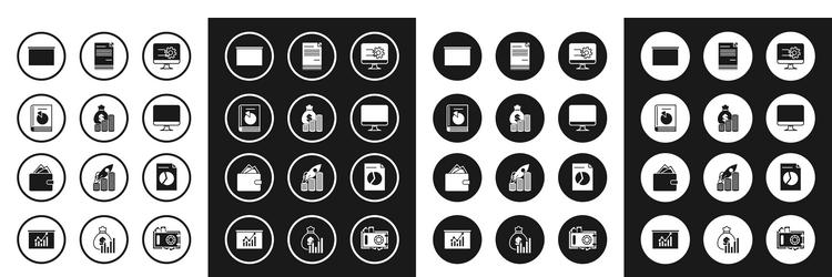 set computer monitor with graph chart money bag vector image