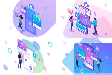 set isometric concept mobile application testing vector